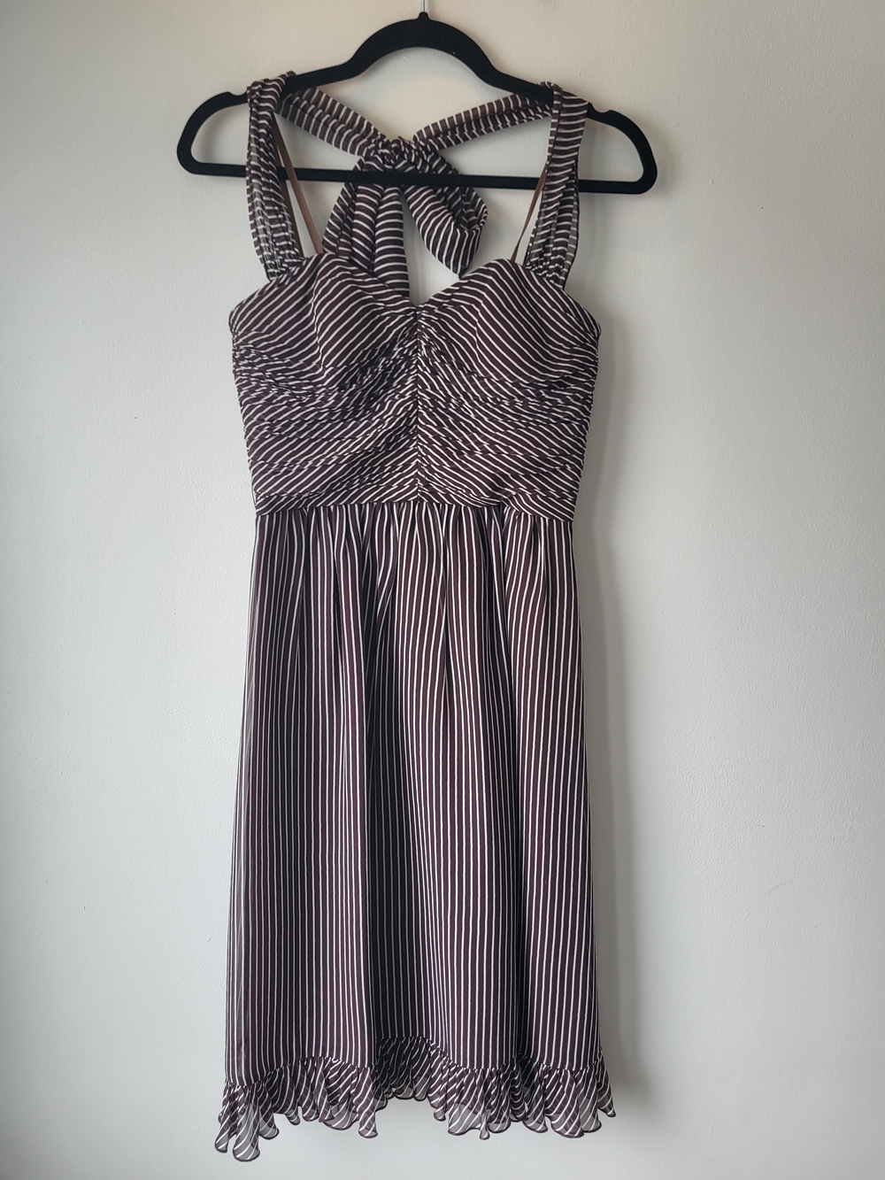 BCBG Brown and White Silk Striped Midi Dress with Halter Tie